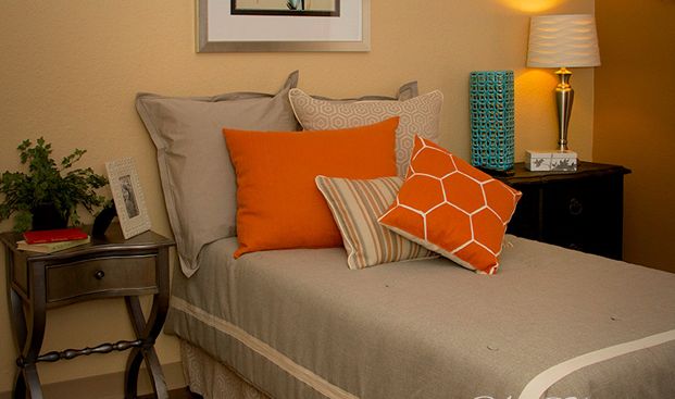 Interior view of a comfortable bedroom at Via Elegante Senior Living in Sierra Vista.