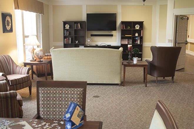 Interior view of Brookdale North Austin senior living community featuring modern decor and amenities.