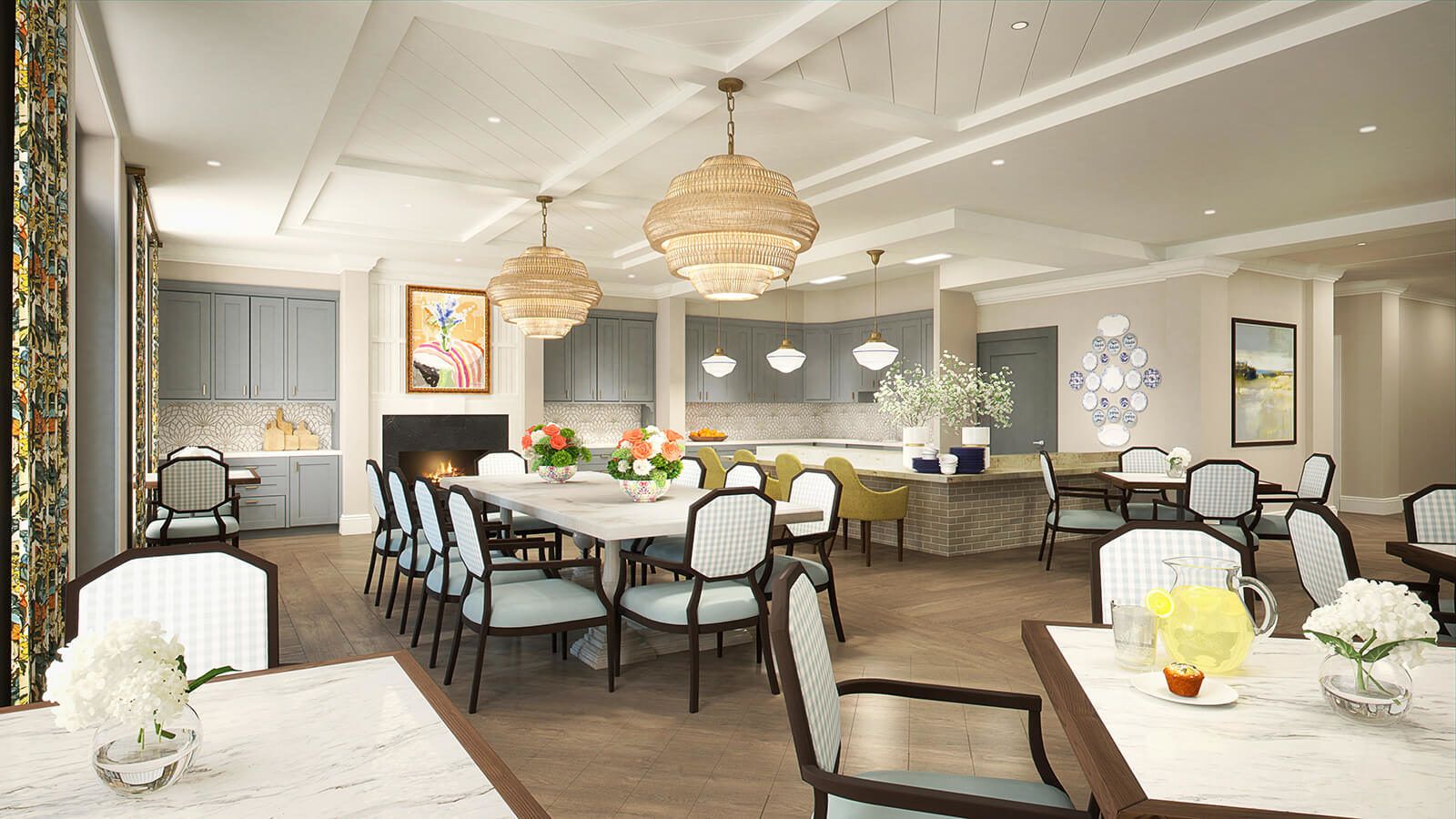 Interior view of Longleaf Liberty Park senior living community featuring dining area and decor.