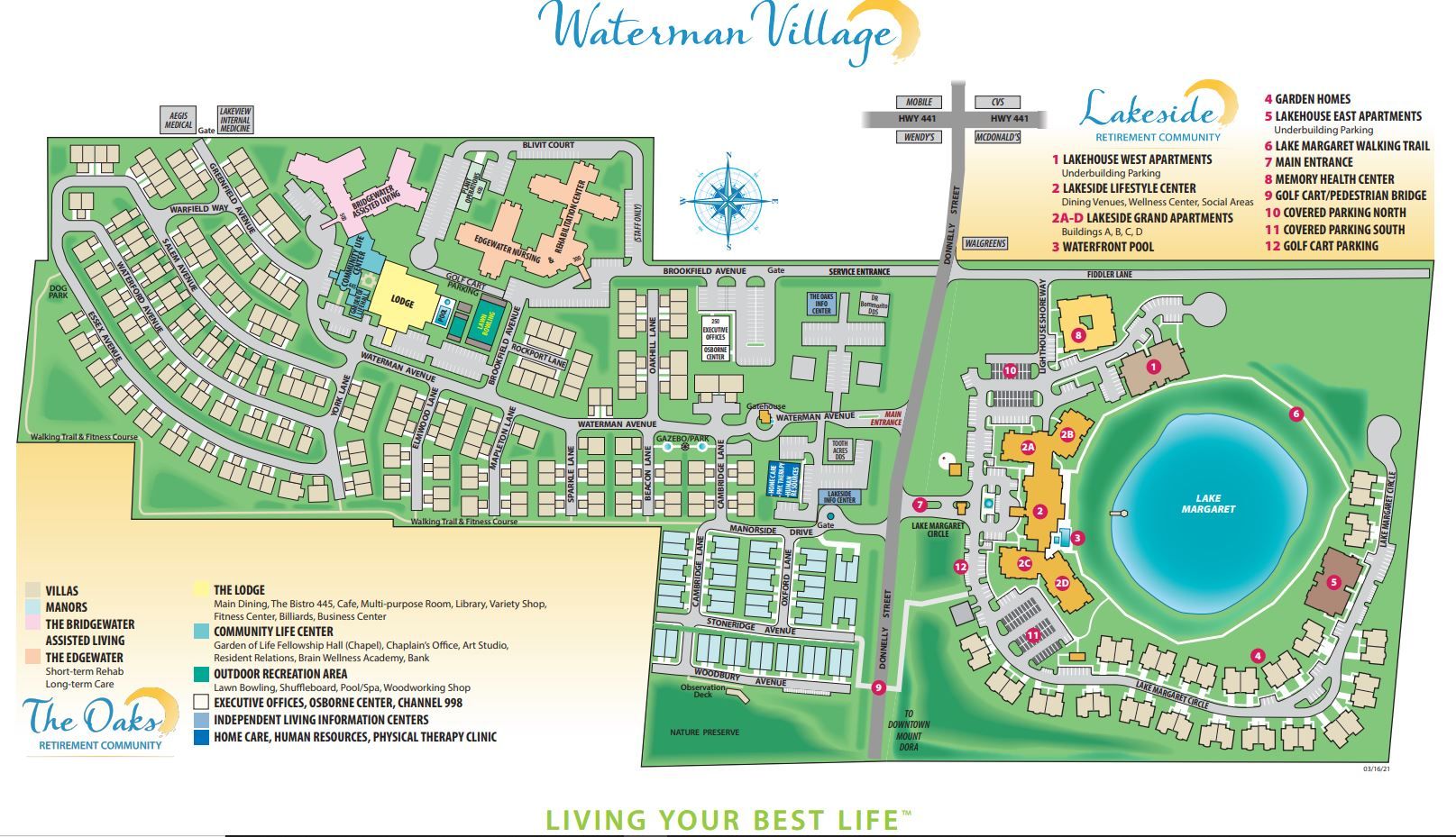 The Oaks at Waterman Village Retirement Community and Lakeside at Waterman Village Retirement Community, are connected by a covered golf cart/pedestrian bridge over Donnelly Street.