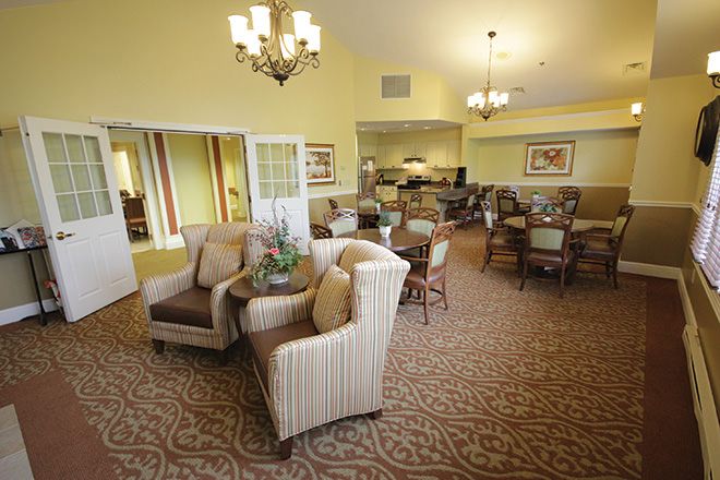 Interior view of Brookdale Meridian senior living community featuring elegant dining and reception rooms.