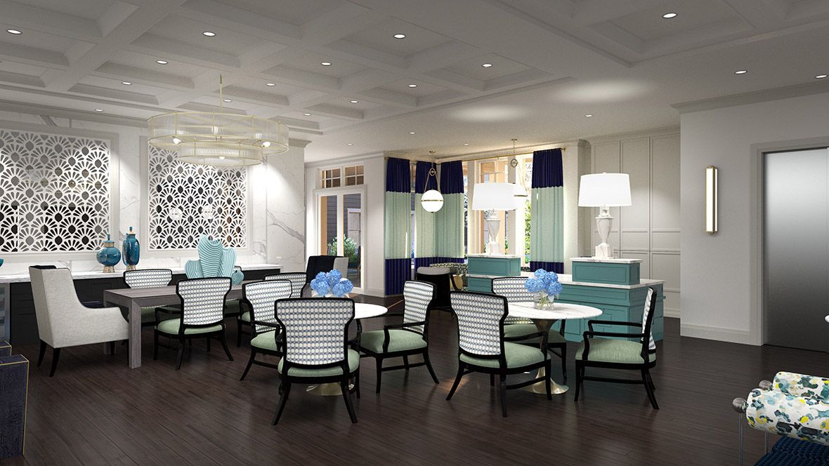 Interior view of The Bristal at Waldwick senior living community featuring dining room and lounge.