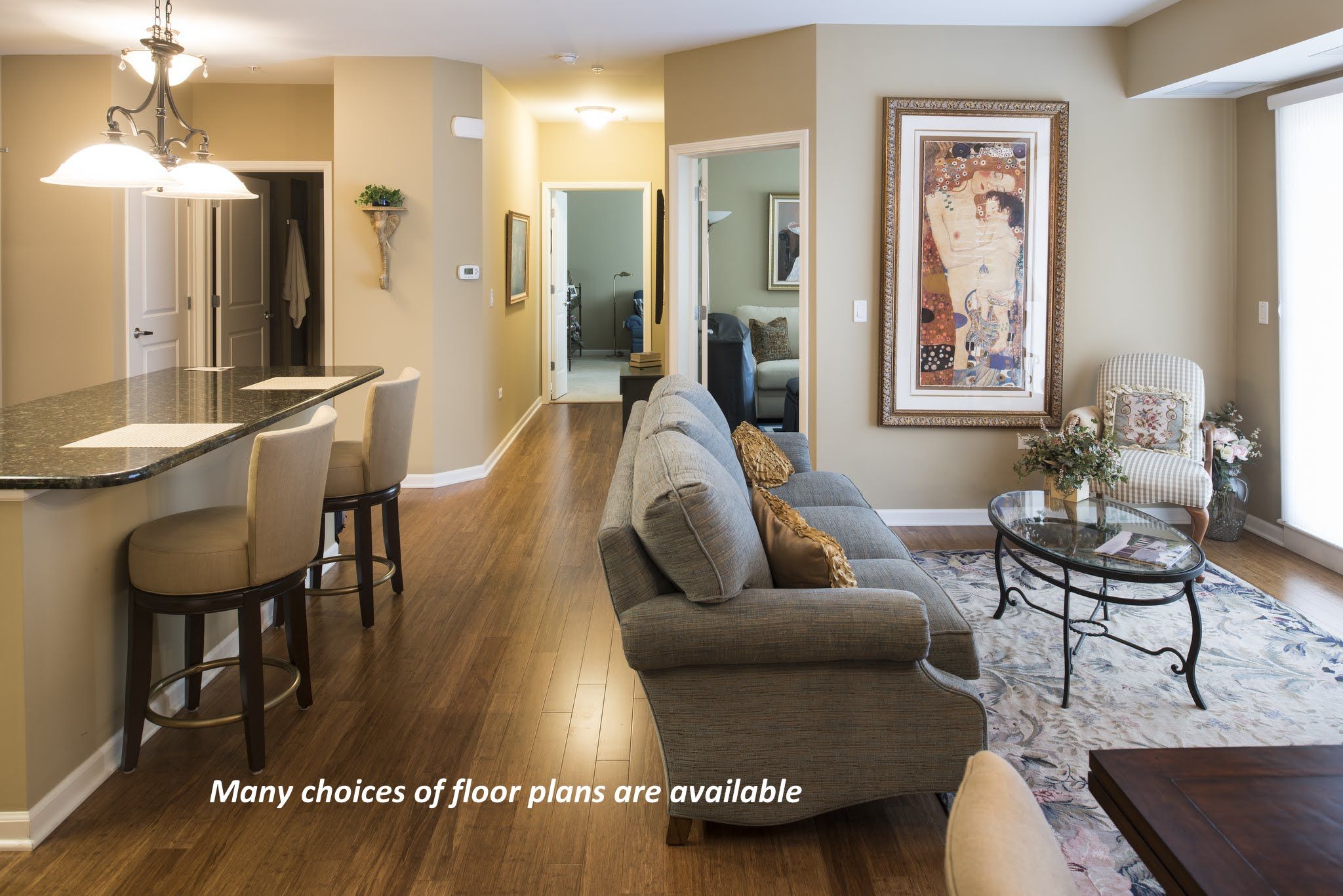 Interior view of The Lodge of Northbrook senior living community featuring elegant architecture and decor.