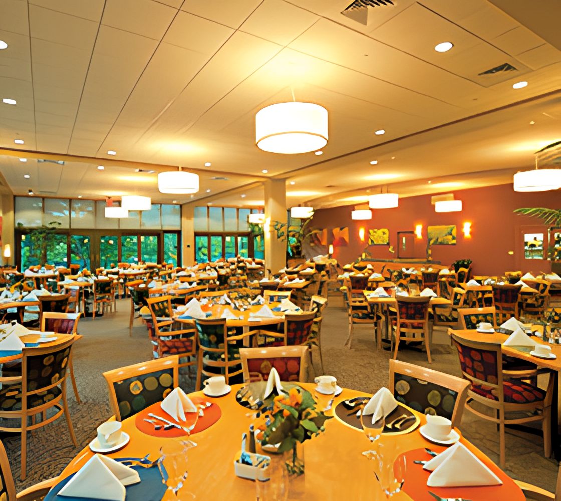 Seniors enjoying mealtime in the spacious dining room at 15 Craigside, a well-designed senior living community.