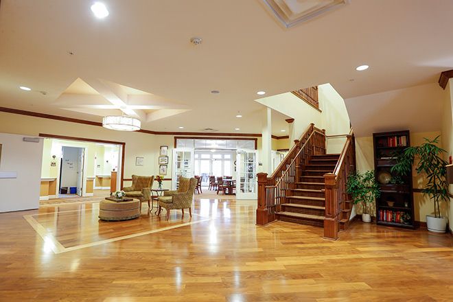 Interior view of Brookdale Olney senior living community featuring hardwood floors and modern architecture.