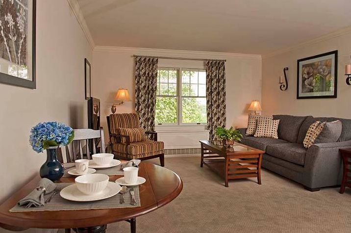 Interior view of RiverWoods Manchester senior living community featuring modern home decor.
